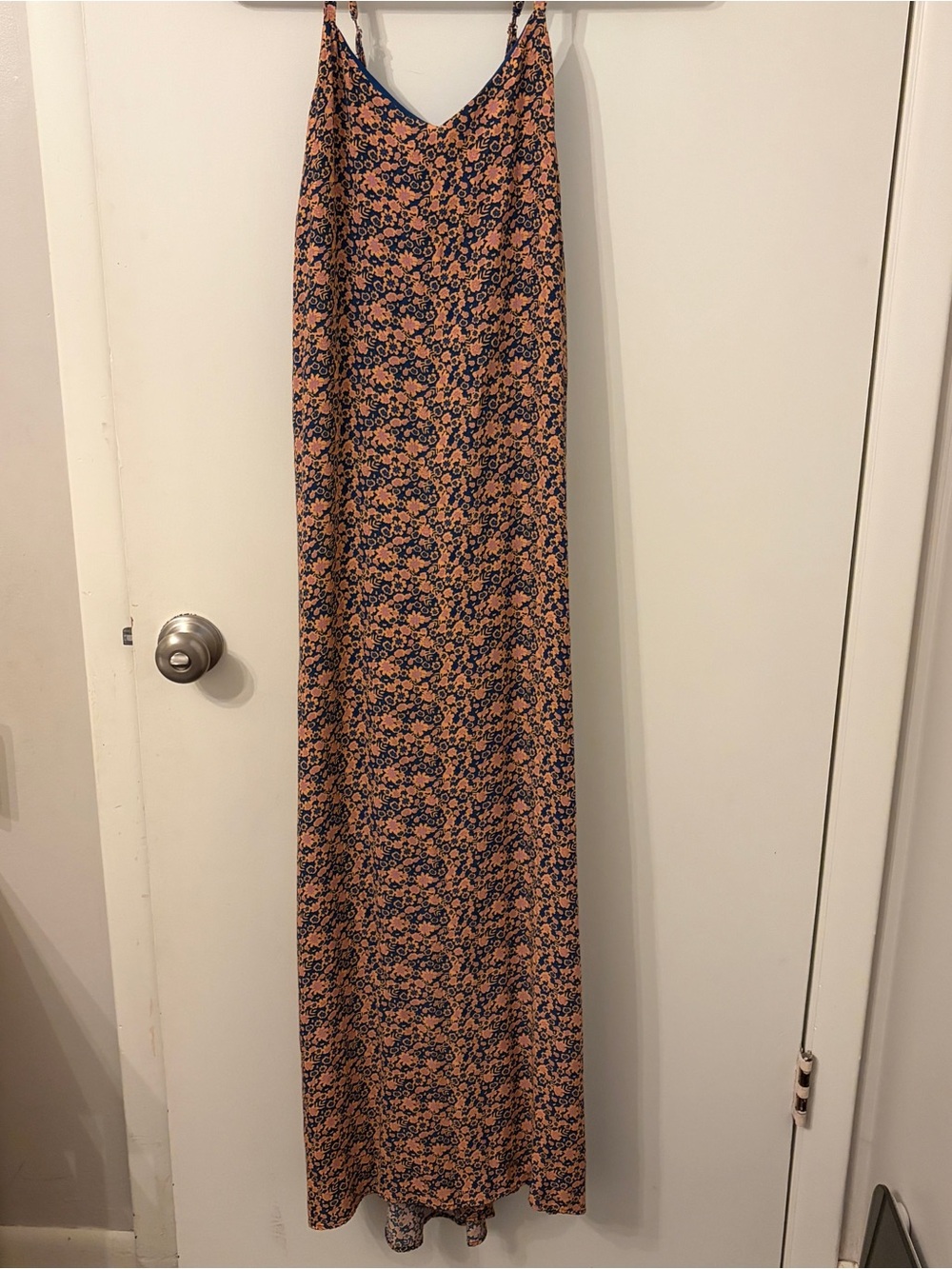 Peach Floral Maxi Slip Dress with Navy Accents